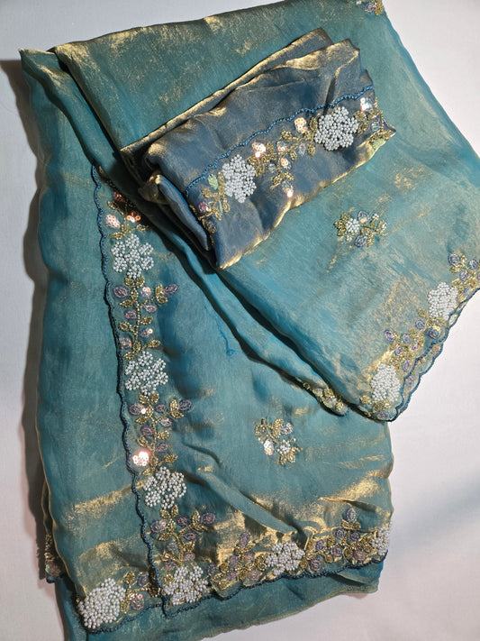 Premium Fancy Silk Saree with Sequin Brits Work & Arco Border Green– Buy from USA