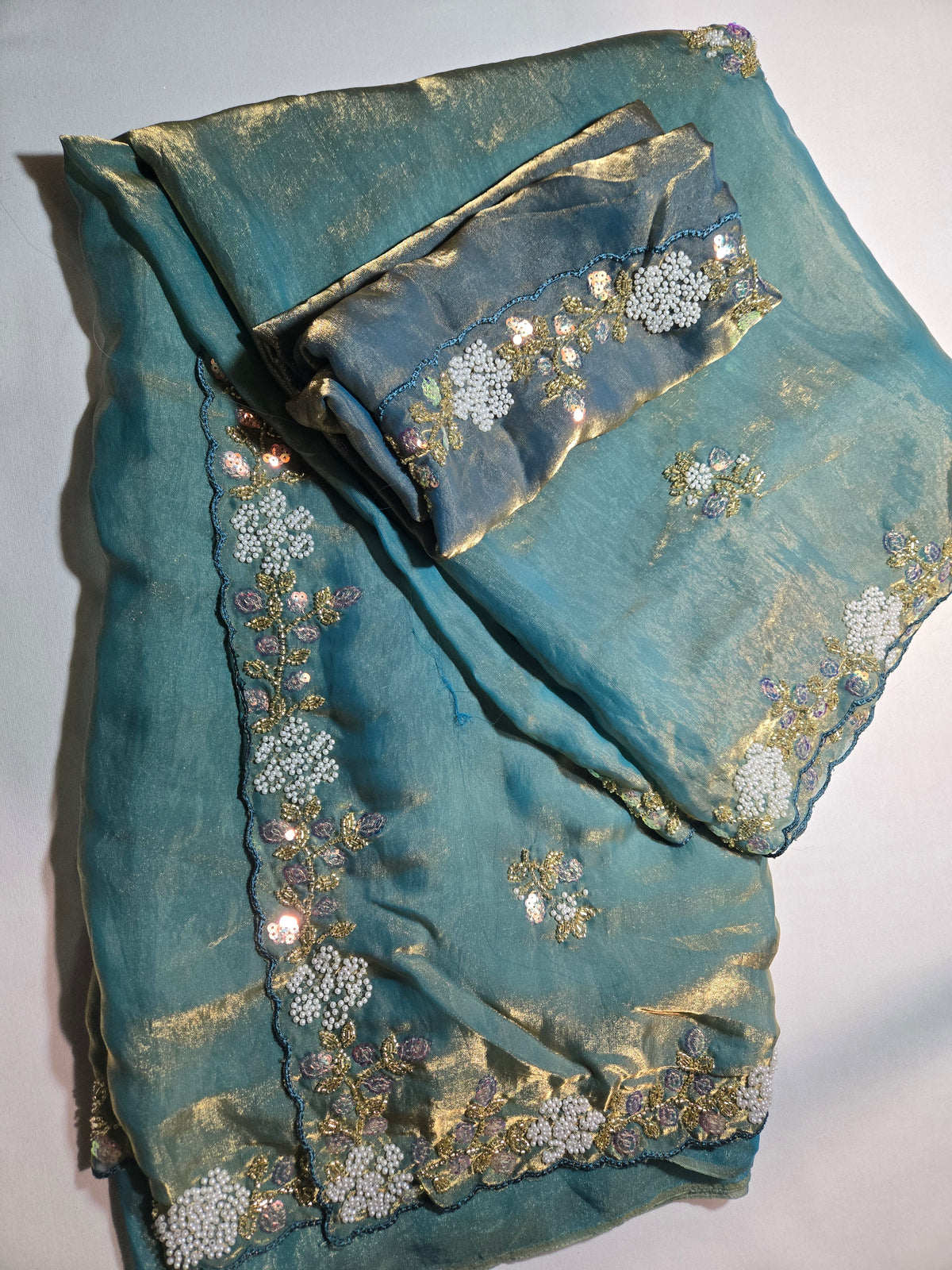Premium Fancy Silk Saree with Sequin Brits Work & Arco Border Green– Buy from USA
