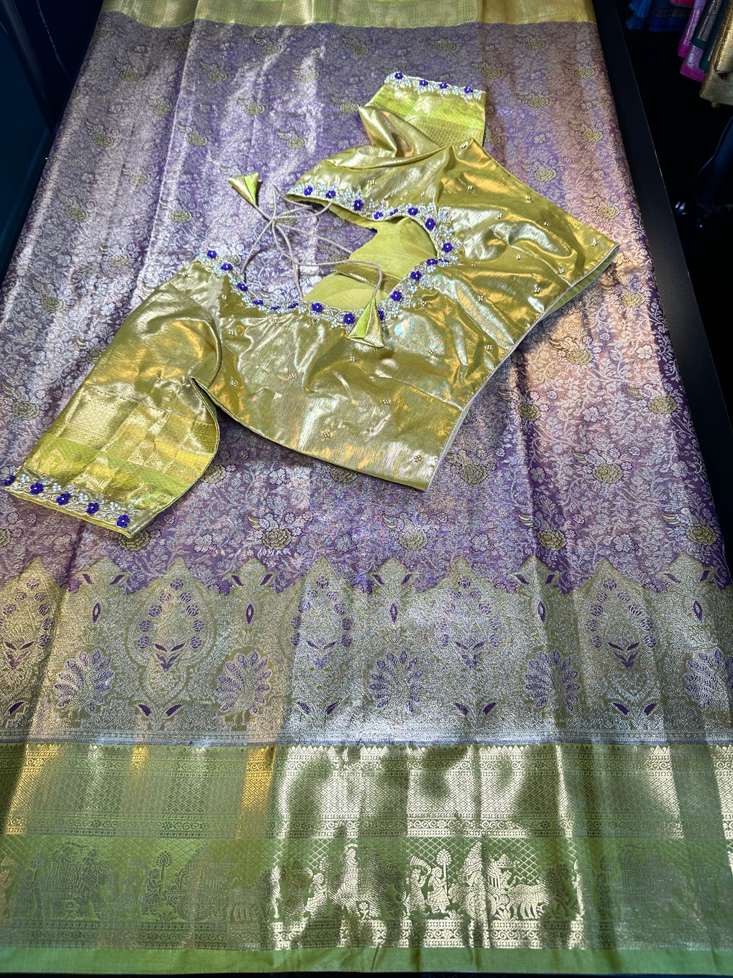 Kanchipuram Premium Tissue Silk Saree with Maggam Work Blouse, Purple Color Ready-to-wear, Shipping from US, Partywear, Wedding Saree. Purple Gold