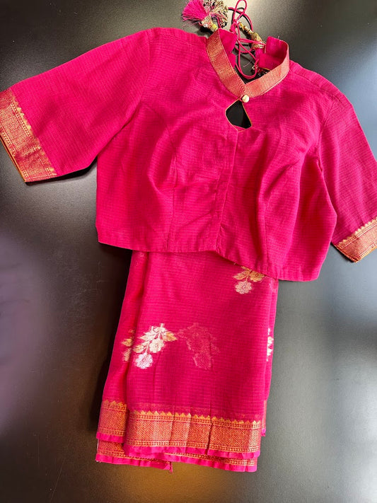 Rani Pink Pure Kota Cotton Saree with Stitched Blouse| Lightweight & Elegant | Ships from USA