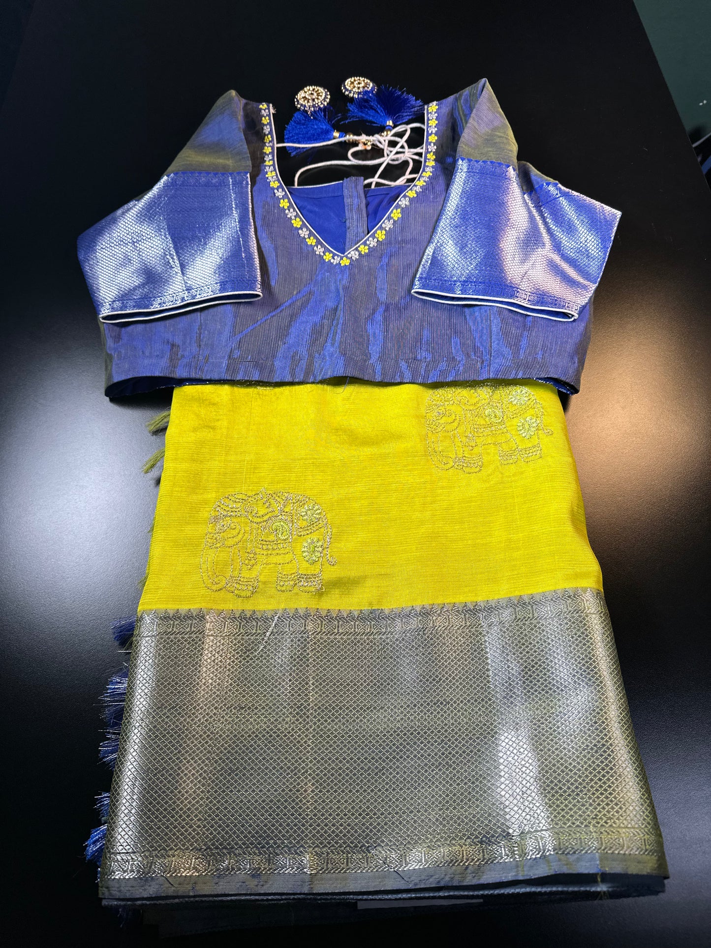 Handloom Pure Mangalagiri Silk Saree with Blouse Green| Fast Shipping from the USA Yellow Blue