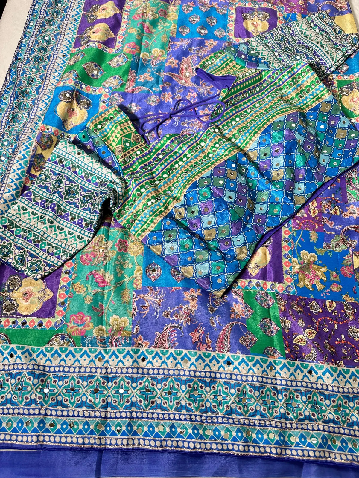 Mirror Work Chinon Silk Saree Blue Green | Ready to Wear Saree | Ships from USA| Party Wear