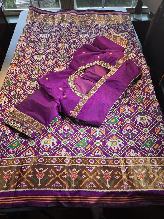 Patan Patola Silk Weaving Saree Purple | Authentic Handloom Indian Wedding Festive Wear with Stitched Blouse | Party Wear | Stitched Blouse Purple