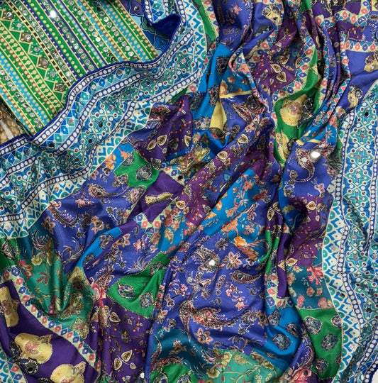Mirror Work Chinon Silk Saree Blue Green | Ready to Wear Saree | Ships from USA| Party Wear