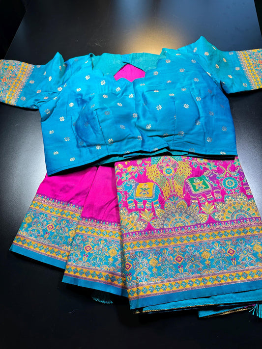 Pashmina Silk Darbari Semi Silk Blend Saree with Meenakari Zari Woven Border, Stitched Blouse, Ready to Wear,Shipping from US