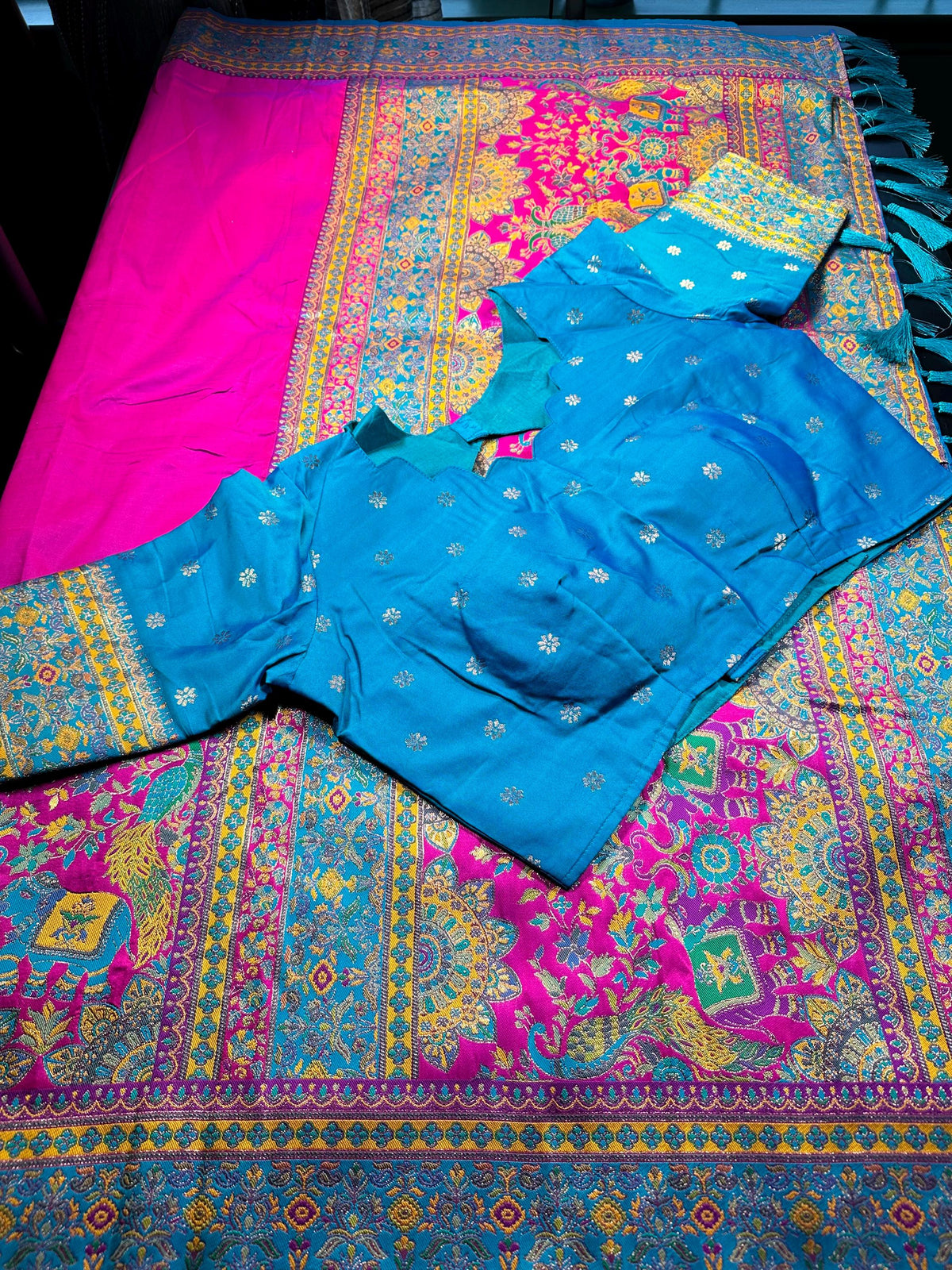 Pashmina Silk Darbari Semi Silk Blend Saree with Meenakari Zari Woven Border, Stitched Blouse, Ready to Wear,Shipping from US