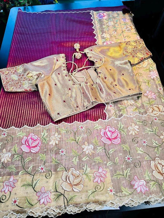 Handloom Pure Kora Tissue Silk Saree | Embroidered Saree with Maggam Work Blouse | Indian Wedding Saree | Party Wear Saree | Ships from USA