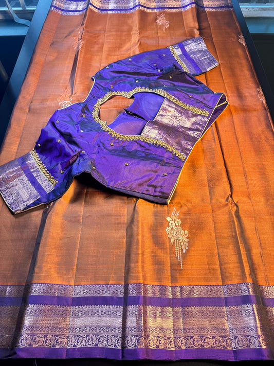 Burnt Orange Purple Handloom Kanjivaram Silk Saree, Handloom Saree with Stitched Blouse, Ready to Wear Indian Wedding Saree
