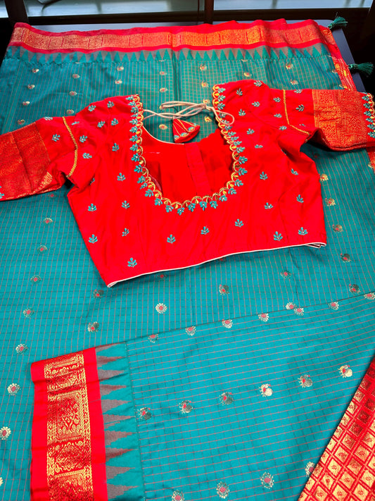 Premium Gadwal Silk Saree with Stitched Blouse, Ready-to-wear, USA Shipping, Partywear, Wedding Wear Saree.