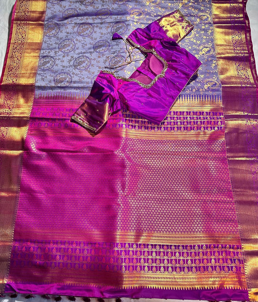 Kanjivaram Premium Silk Saree with stitched maggam work blouse. Partywear, Wedding Wear Saree, Shipping from USA