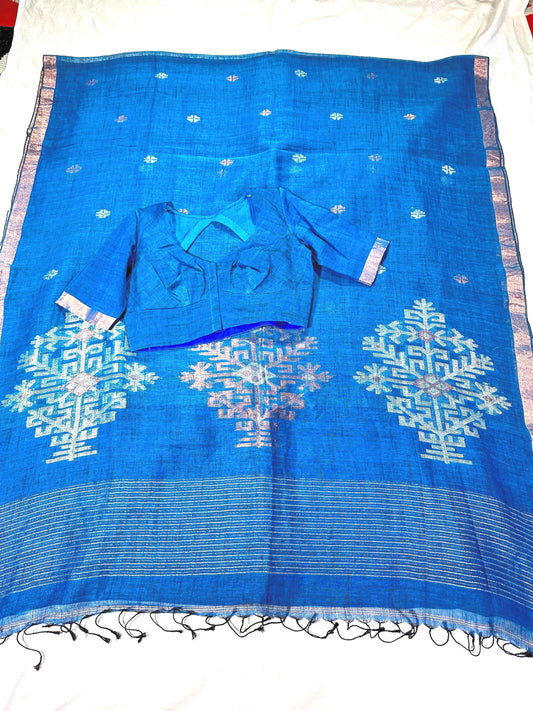 Linen by Linen Jamdani Saree with stitched blouse | Jamdani Handloom Saree | Ready to Wear with Blouse | Ships from USA