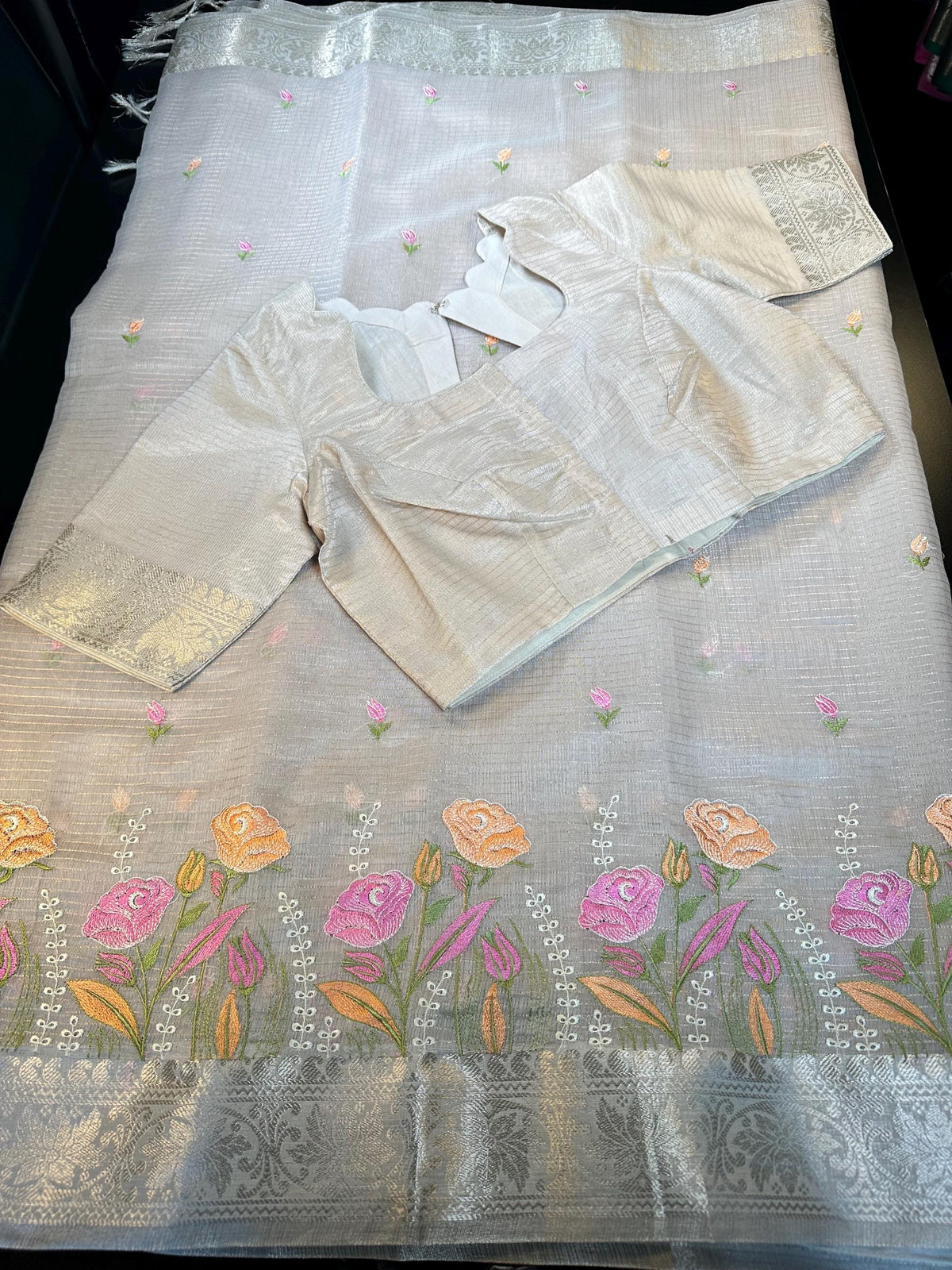 Elegant Ready to Wear Tissue Kota Silk Party Wear Festive Saree with Stitched Blouse Banarasi Style Border Embroidery Work