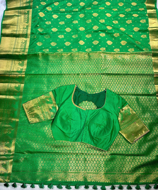 Kanjivaram Premium Semi Silk Saree with Maggam Work Blouse, Ready-to-wear, Shipping from USA