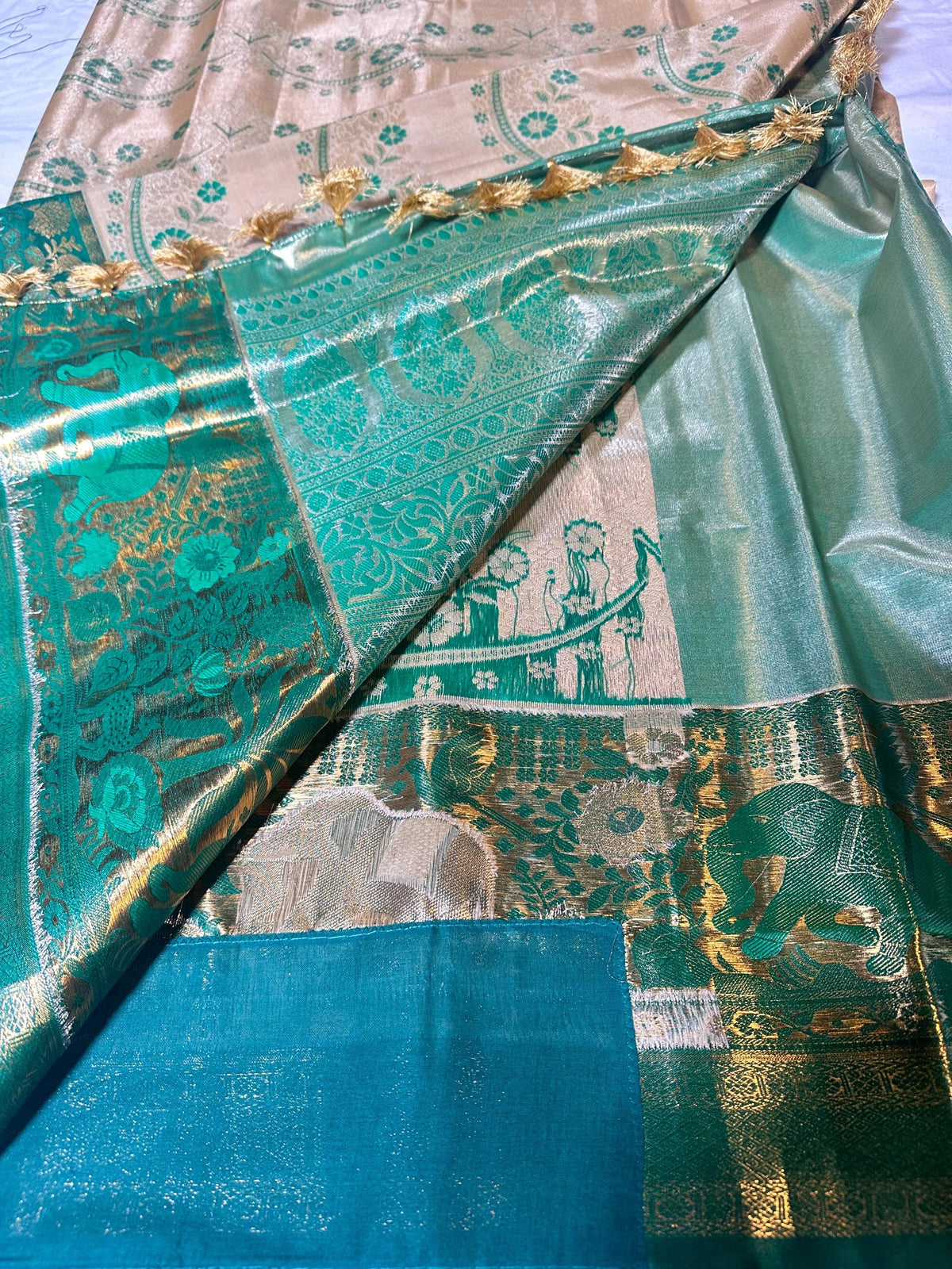 Pastel Shade Meenakari weaving Kanchivaram Semi Silk Saree with Maggam Work Blouse Ready-to-wear, Shipping from USA.