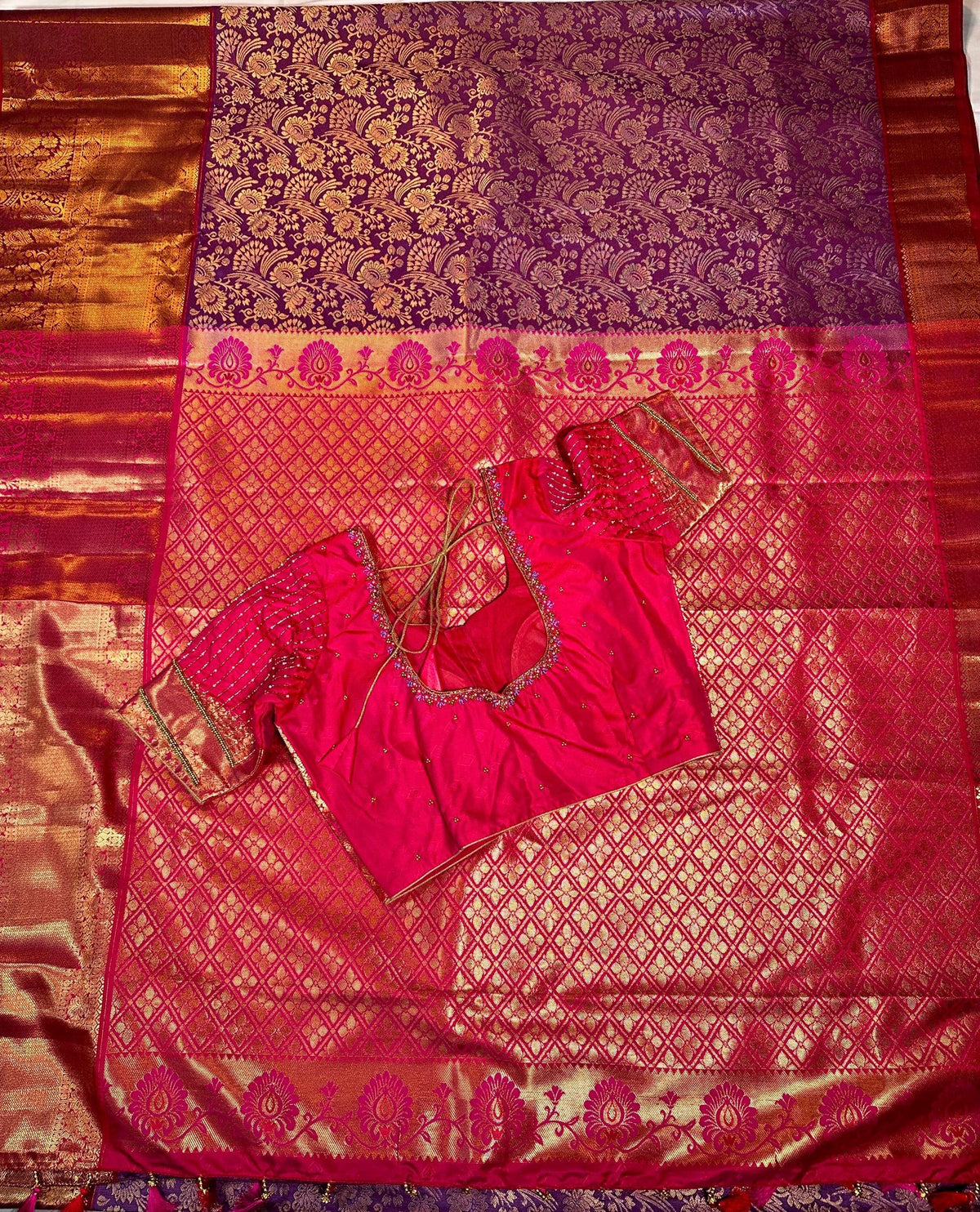 Kanjivaram Premium Kanchi Pattu Silk Saree with Stitched Maggam Work Blouse, Wedding Party Wear