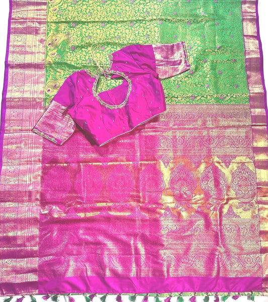 Kanjivaram Premium Silk Saree with Maggam Work Blouse, Ready-to-wear, Shipping from USA