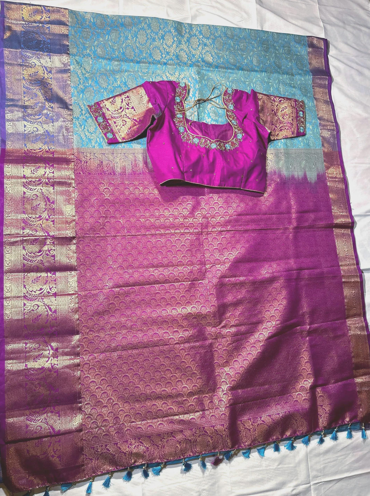 Premium Kanjivaram Silk Saree with Stitched Maggam Work Blouse, Wedding Party Wear