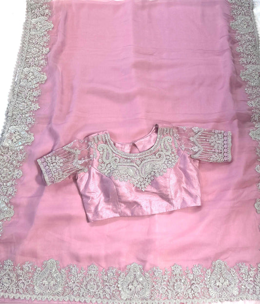 Elegant Party Wear Saree Pure Crape Silk with Stitched Designer Blouse | Wedding Festival Traditional Saree | Ships from USA