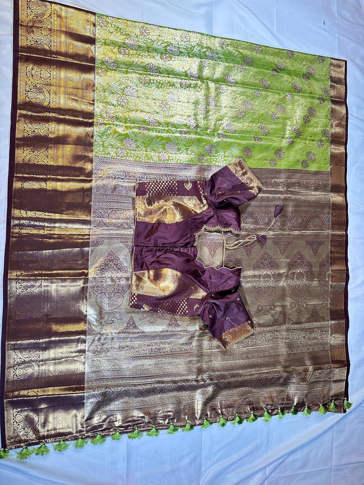 Kanjivaram Meenakari Premium Silk Saree with Stitched Maggam Work Blouse Partywear Grand Saree for Wedding receptions.