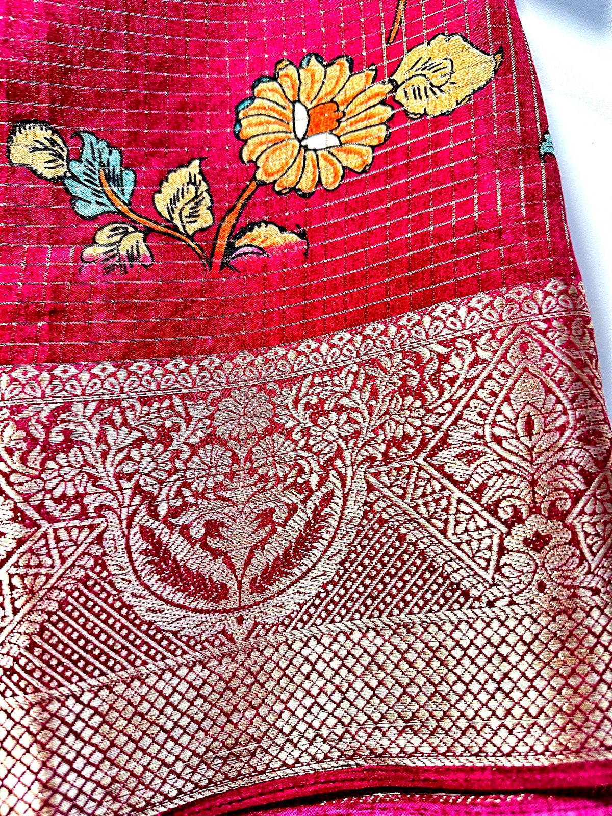 Kalamkari Printed Semi Tussar Georgette Silk Saree with Banarsi border | Stitched Blouse | Ready to wear