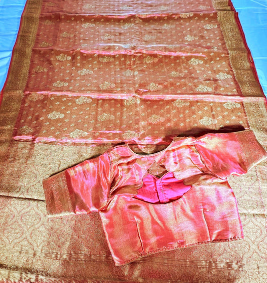 Banarasi Tissue Crape Silk Saree USA | Party Wear Wedding Silk Saree with Blouse | Stitched Blouse | Shade of pink