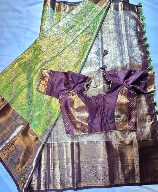 Kanjivaram Meenakari Premium Silk Saree with Stitched Maggam Work Blouse Partywear Grand Saree for Wedding receptions.