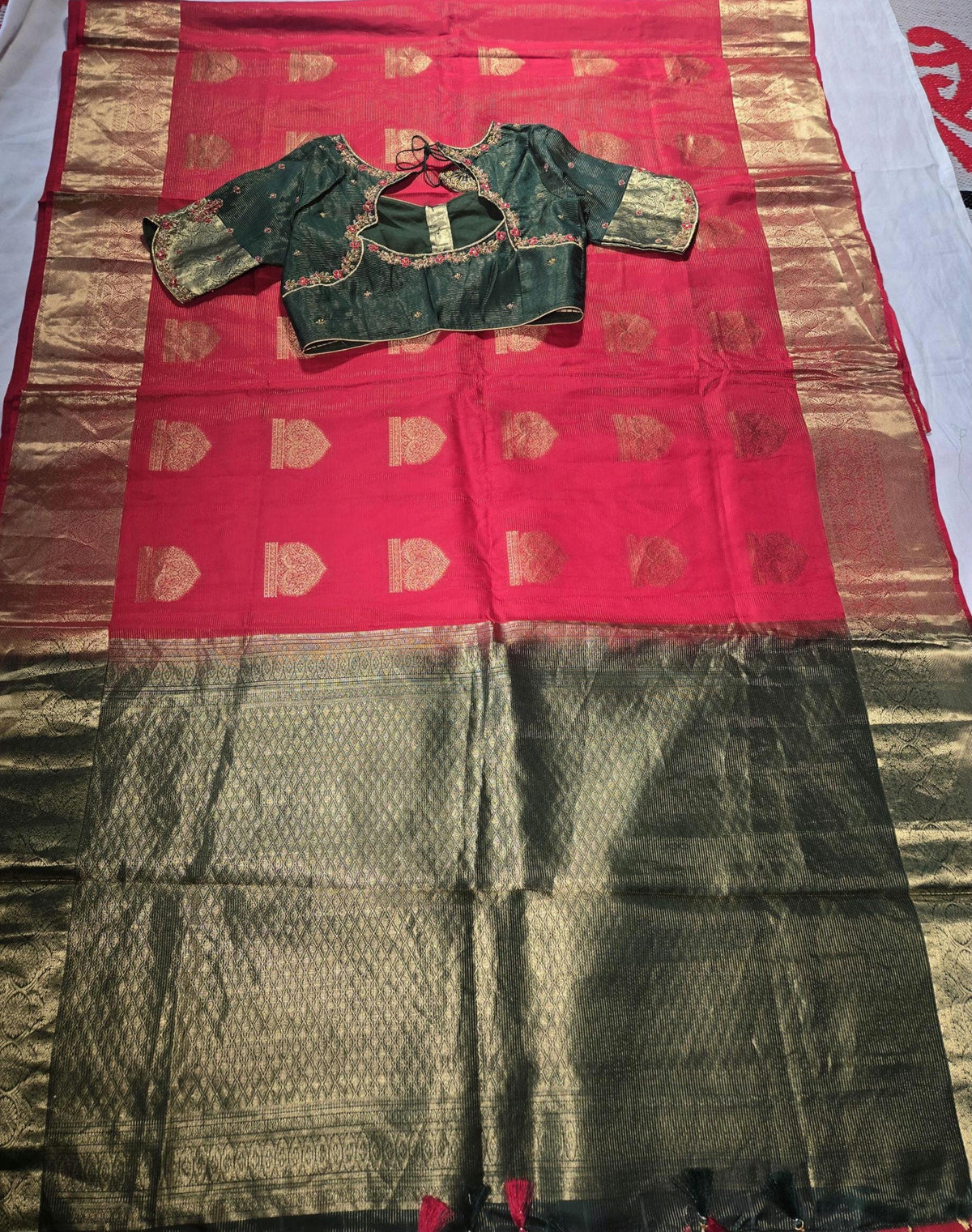 Handloom Pure Kanjivaram Red Silk Saree with Stitched Blouse | Wedding Saree With Stitched Maggam Work Blouse | Indian Party Wear Saree
