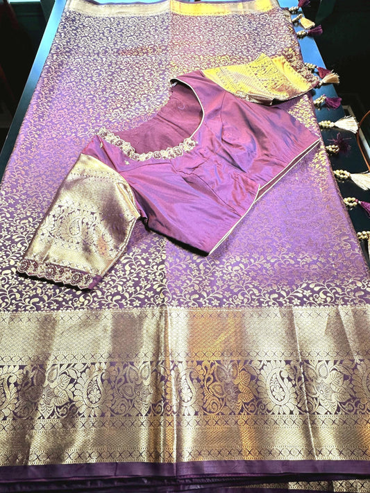 Kanjivaram Tissue Semi Silk Saree with Stitched Maggam Work Blouse | Indian Wedding Saree | Ships From USA
