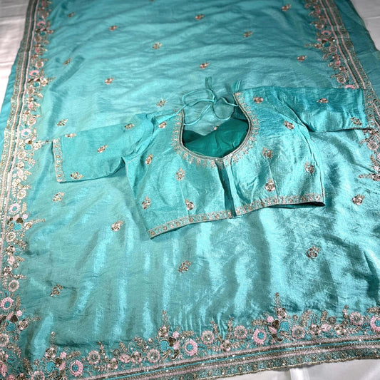 Soft Chinon Saree, Aqua Blue Sequins Embroidery, Designer Party Wear Blouse Piece| Party Wear Saree | Stitched Blouse Ready to wear
