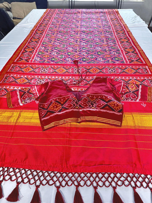 Patan Patola Semi Silk / Art Silk Saree with Stitched Blouse | Ready to wear