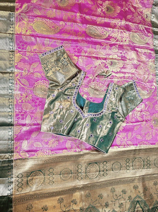 Kanchi Pattu Premium Silk Saree with Stitched Maggam Work. Ready to wear. Shipping from USA
