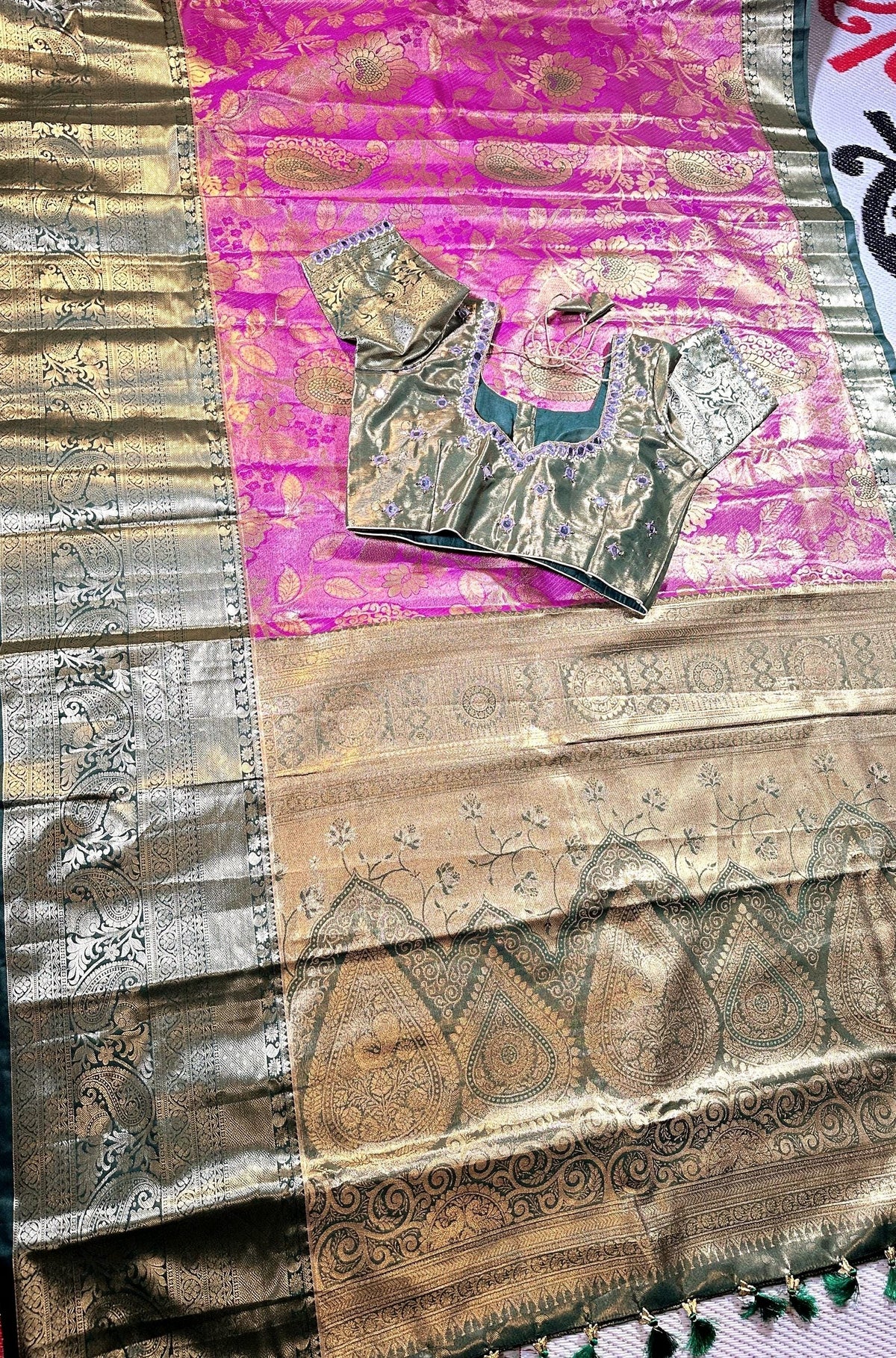 Kanchi Pattu Premium Silk Saree with Stitched Maggam Work. Ready to wear. Shipping from USA