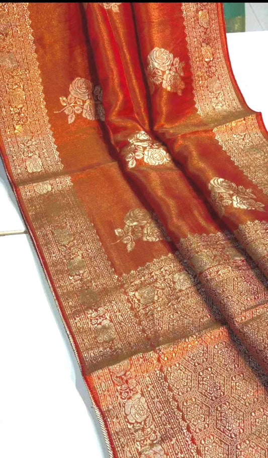 Banarasi Tissue Crape Silk Saree for Party Wear – Rich Zari Border & Stitched Blouse in Orange Shade (USA Delivery) Ready to Wear