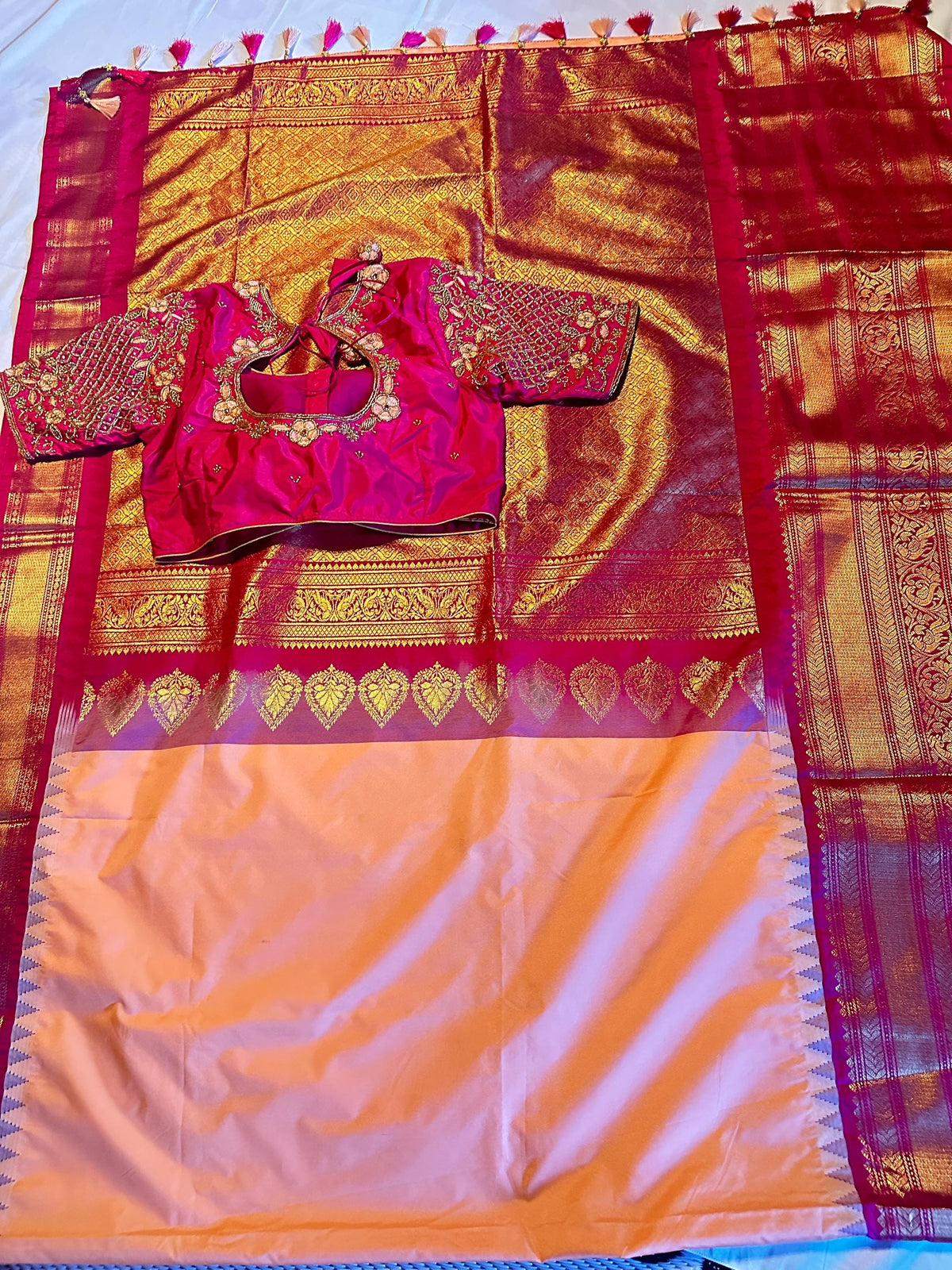 Premium Gadwal Saree with Heavy Maggam Work Blouse Ready-to-wear, Shipping from USA