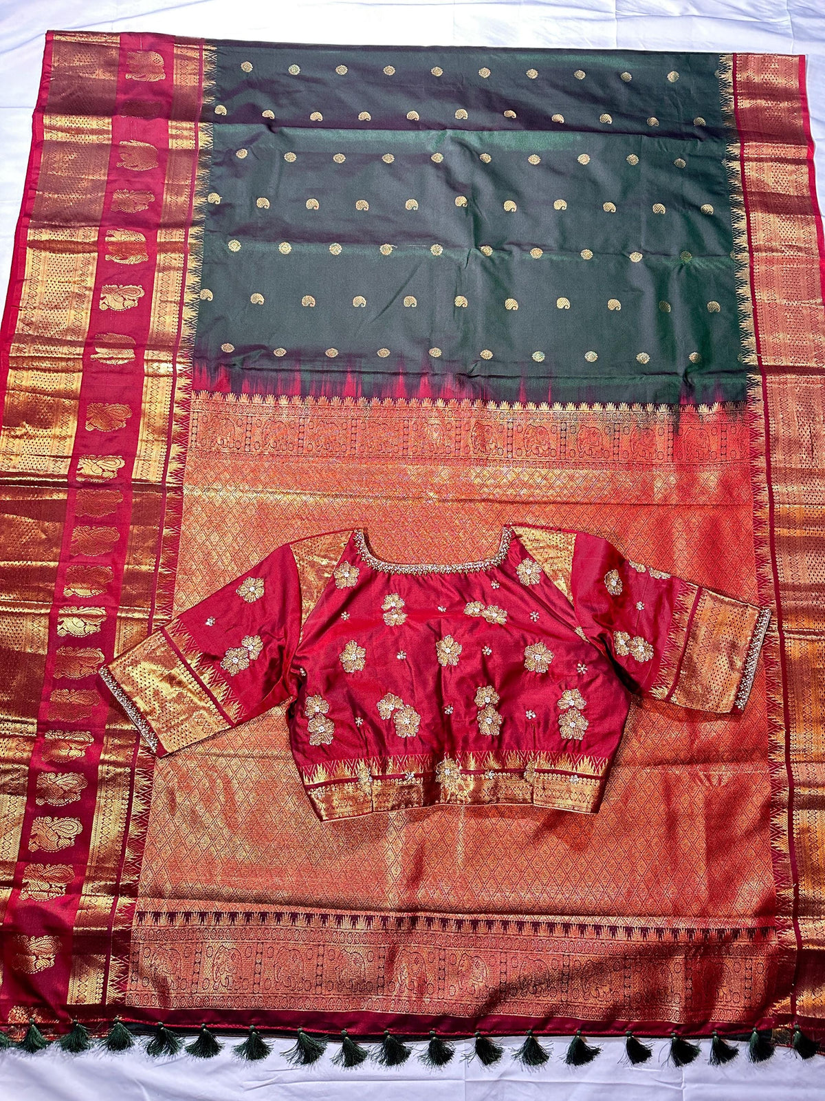 Premium Kanjeevaram Double Border Silk Saree Heavy Maggam Work Stitched Blouse | Traditional Saree Shipping from USA