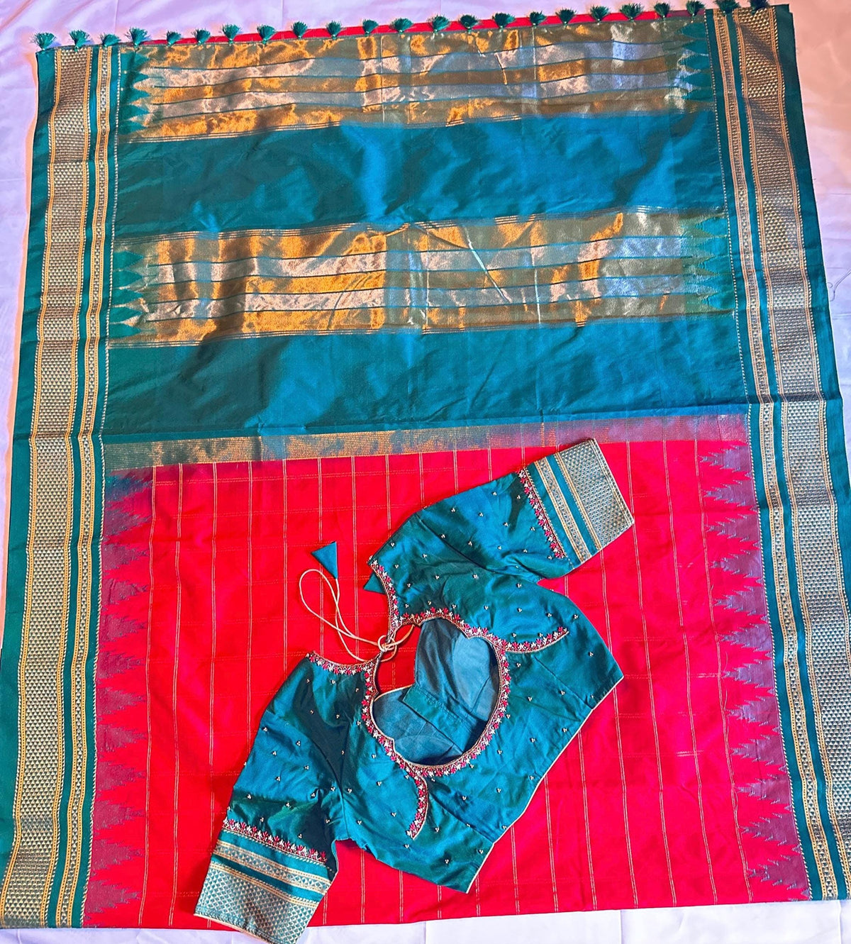 Semi Narayanpet Silk Saree with Stitched Maggam Blouse, Traditional Indian Saree, Wedding Party Wear, Ready to Wear Blouse, Ships from USA