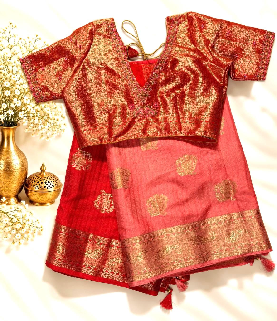 Muga Katan Silk Saree with Stitched Blouse | Banarasi Buta Design | Party Wear Saree