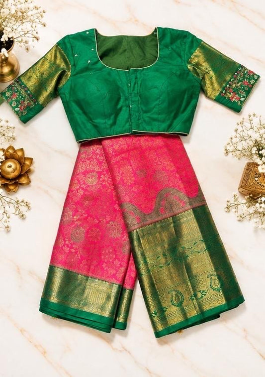 Kanjivaram Premium Kanchi Pattu Brocade Silk Saree with Stitched Maggam Work Blouse, Wedding Party Wear