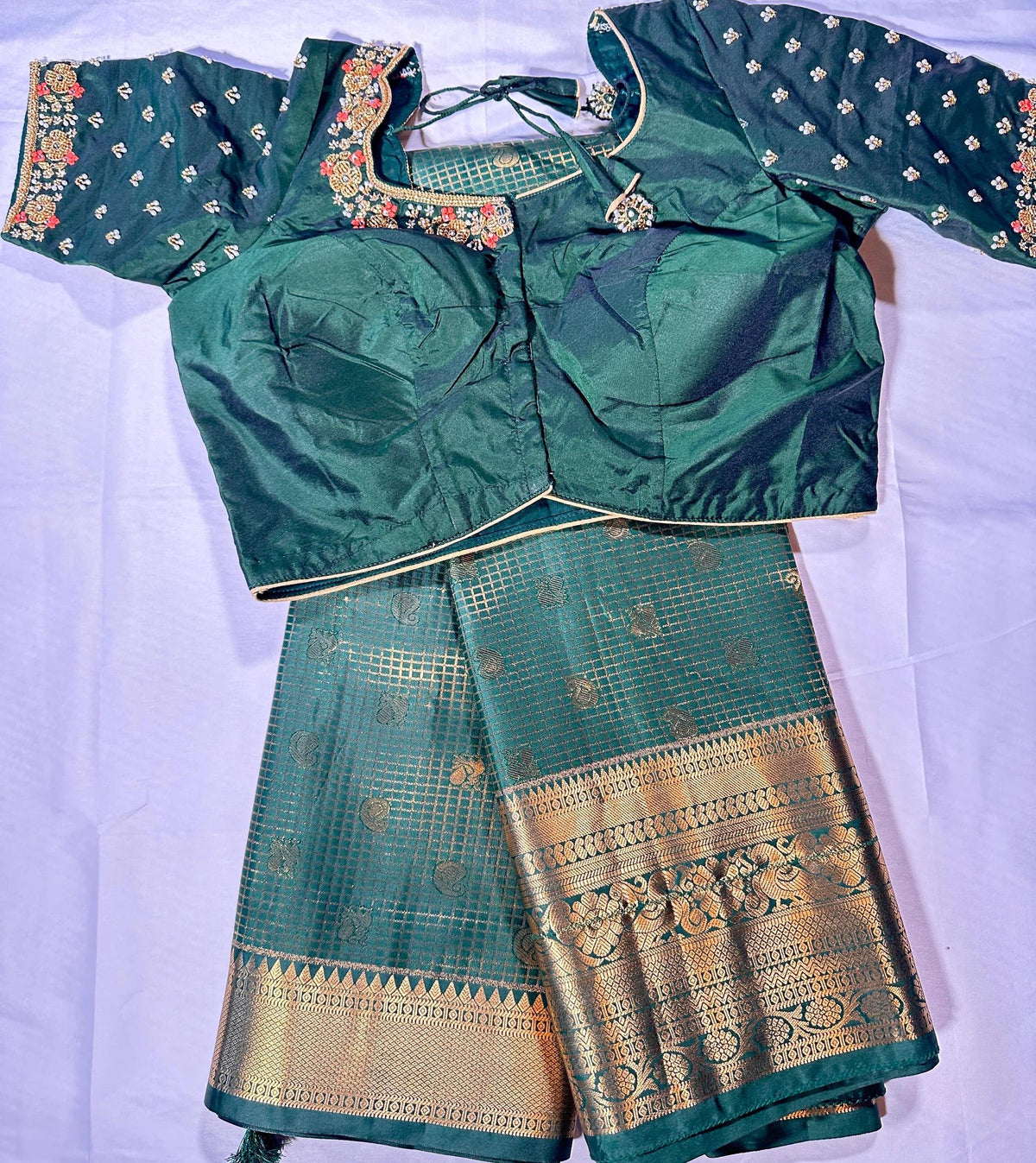 Bottle Green Premium Kanjivaram Silk Saree with Stitched Maggam Blouse | Double Border Indian Wedding Saree | Ships from USA