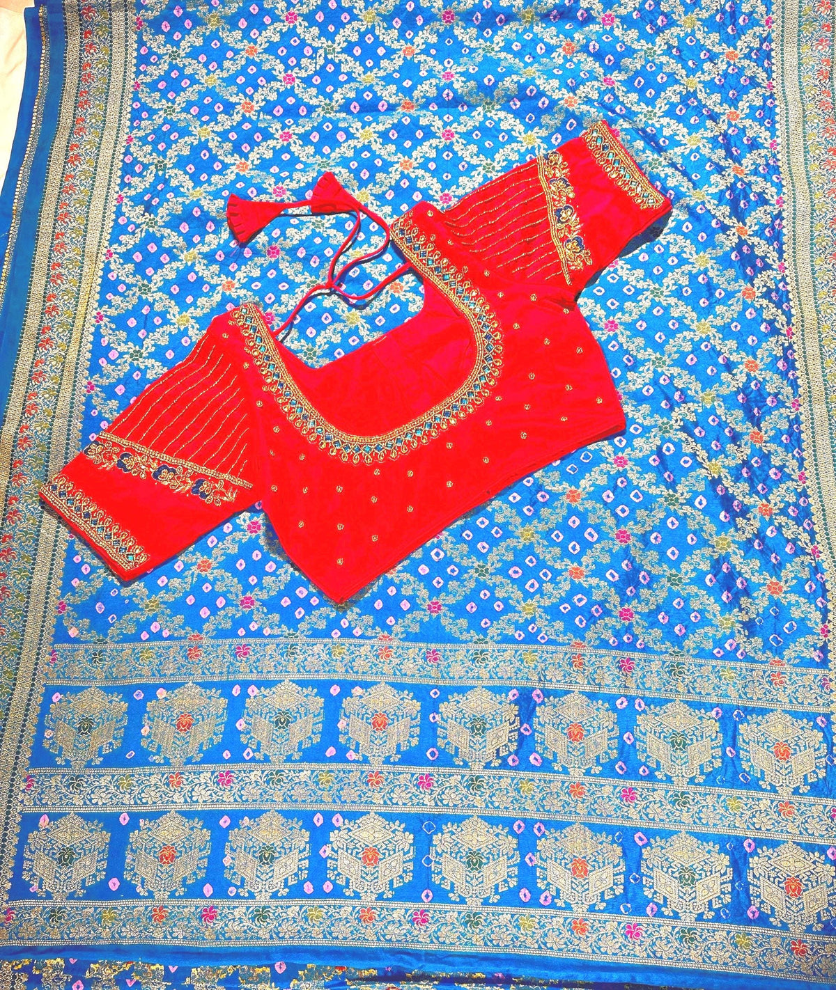 Banarasi Bandhani Dupion Silk Saree with Stitched Blouse, Meenakari Jaal Design, Indian Wedding Gift Saree, Ships from USA -
