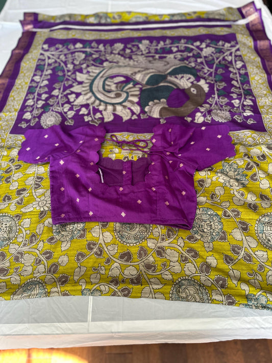 Kalamkari Maheshwari Light Greenish Semi Silk Saree with Stitched Blouse | Indian Traditional Saree | Ships from USA