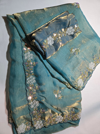 Premium Fancy Silk Saree with Sequin Brits Work & Arco Border Green– Buy from USA