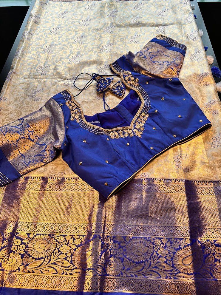 Kanjivaram Tissue Semi Silk Saree, Wedding Saree with Maggam Work Blouse