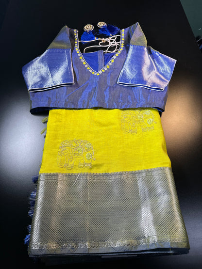 Handloom Pure Mangalagiri Silk Saree with Blouse Green| Fast Shipping from the USA Yellow Blue