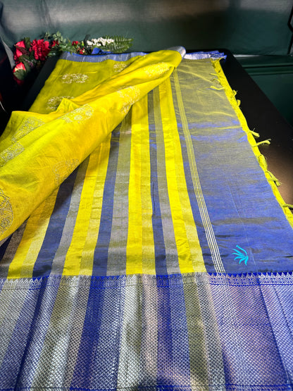Handloom Pure Mangalagiri Silk Saree with Blouse Green| Fast Shipping from the USA Yellow Blue