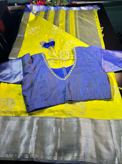 Handloom Pure Mangalagiri Silk Saree with Blouse Green| Fast Shipping from the USA Yellow Blue