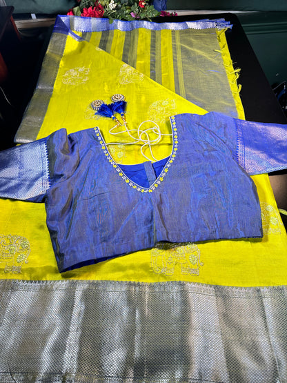 Handloom Pure Mangalagiri Silk Saree with Blouse Green| Fast Shipping from the USA Yellow Blue