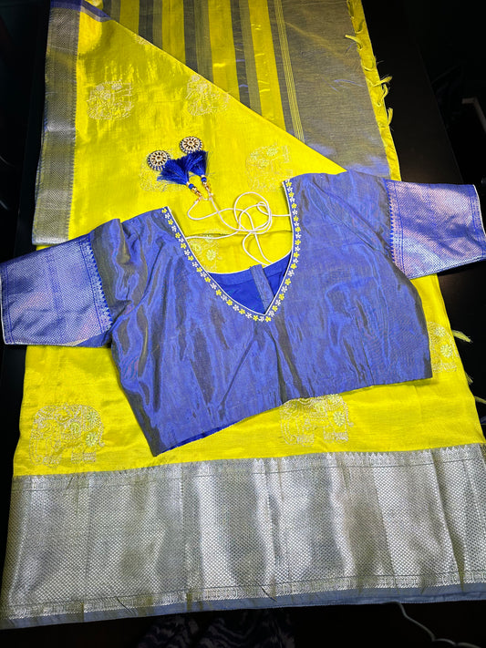 Handloom Pure Mangalagiri Silk Saree with Blouse Green| Fast Shipping from the USA Yellow Blue