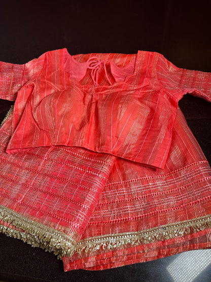 Women Soft Tissue Silk Saree with Weaving Sequin Ribbon Work &amp; Fancy Lace Peach Color | Party Wear Saree | Shipping from USA Peach