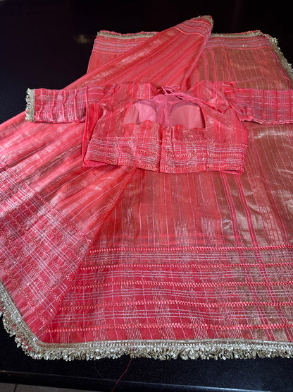 Women Soft Tissue Silk Saree with Weaving Sequin Ribbon Work &amp; Fancy Lace Peach Color | Party Wear Saree | Shipping from USA Peach